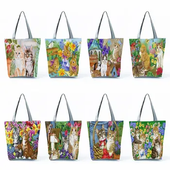 Симпатичный кот Цветочная живопись Печать Дизайнерские сумки Модные сумки для женщин Большие сумки для покупок Складные для продуктов Сумки на молнии