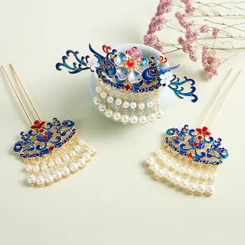 Синий Vntage Crown Set Priness Crown Decoration Хань Вечеринка Подарки Древние китайские головные уборы Ювелирные изделия