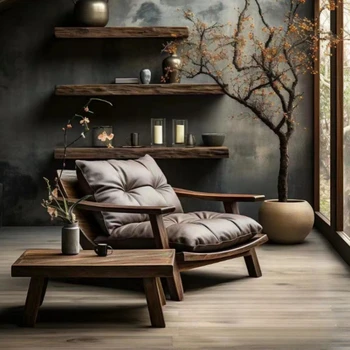 Скандинавский деревянный стул для отдыха Zen Retro Одноместный диван Дизайнерский легкий роскошный подлокотник Деревянный стул