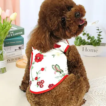 Собака Cheongsam Китайский стиль Цветочный принт Щенок Одежда Мода Без рукавов Дышащий Собака Тан Костюм Двуногий Ткань Костюм Питомца