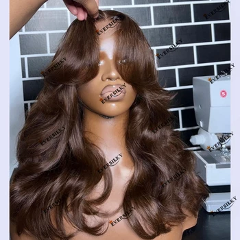 Темно-коричневый шоколадный занавес Bang Body Wave Remy Человеческие волосы Кружевной передний парик для женщин 180 плотности без клея 13x6 кружевной передний парик