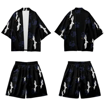 Традиционный принт журавля Харадзюку Черные шорты-кимоно Комплекты Костюм из двух частей Юката Японский кардиган Женщины Мужчины Косплей Свободный Хаори