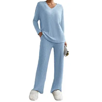  Трикотажный пижамный комплект в рубчик Уютный вязаный свитер Брюки Стильный V-образный вырез свободного кроя Эластичные карманы на талии Домашняя одежда на осень / зиму