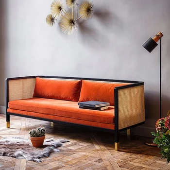 французский винтажный диван из массива дерева из ротанга небольшой дом ткань будка повседневная комбинация одноместный трехместный ротанговый стул