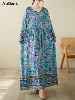 хлопок с цветочным принтом Винтажные платья для женщин 2023 Осень Повседневное Свободное Длинное Праздничное Платье Femme Robe Vestidos Элегантная одежда