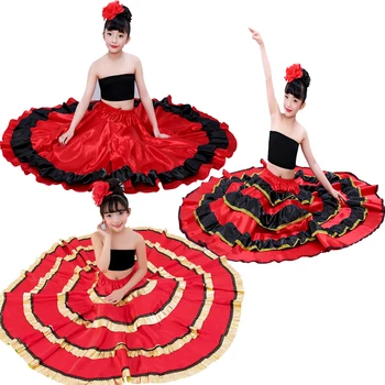 Цыганский стиль Принцесса Девочки Танец живота Костюмы Испанская традиционная юбка фламенко Атласная гладкая юбка больших размеров Платье с распашной юбкой