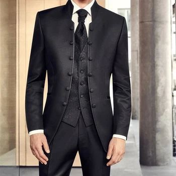Черная мужская туника Свадебный смокинг для женихов с воротником-стойкой 3 шт. Формальные деловые мужские костюмы Курительное пальто с брюками