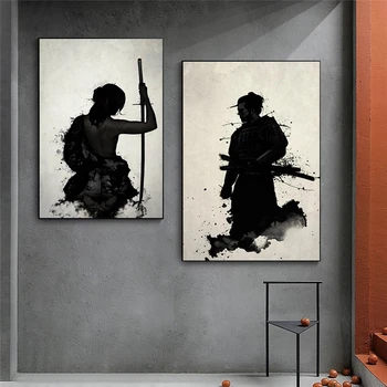Черный Белый Японский Самурай Холст Живопись Современные настенные картины Абстрактные для гостиной Украшение дома Плакаты Печать
