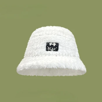 японский милый медведь наклейка плюшевая шляпа-ведро для мужчин и женщин зимняя овечья шерсть теплая универсальная повседневная панама с короткими полями боб шляпы