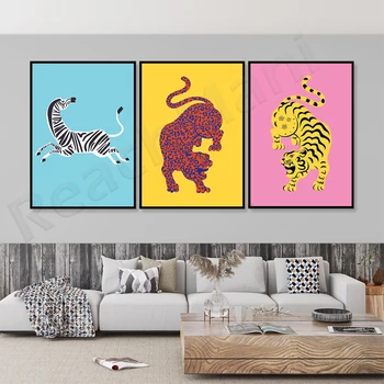 Яркий анимализм - Розовый тигр, Иллюстрация зебры, Леопард, Красочный плакат, Эклектичный декор, Плакат сафари, Тигр